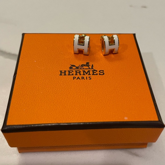 HERMES Mini H Pop Earrings (Blanc / Yellow Gold Plated) - Excellent Condition - Picture 2 of 6